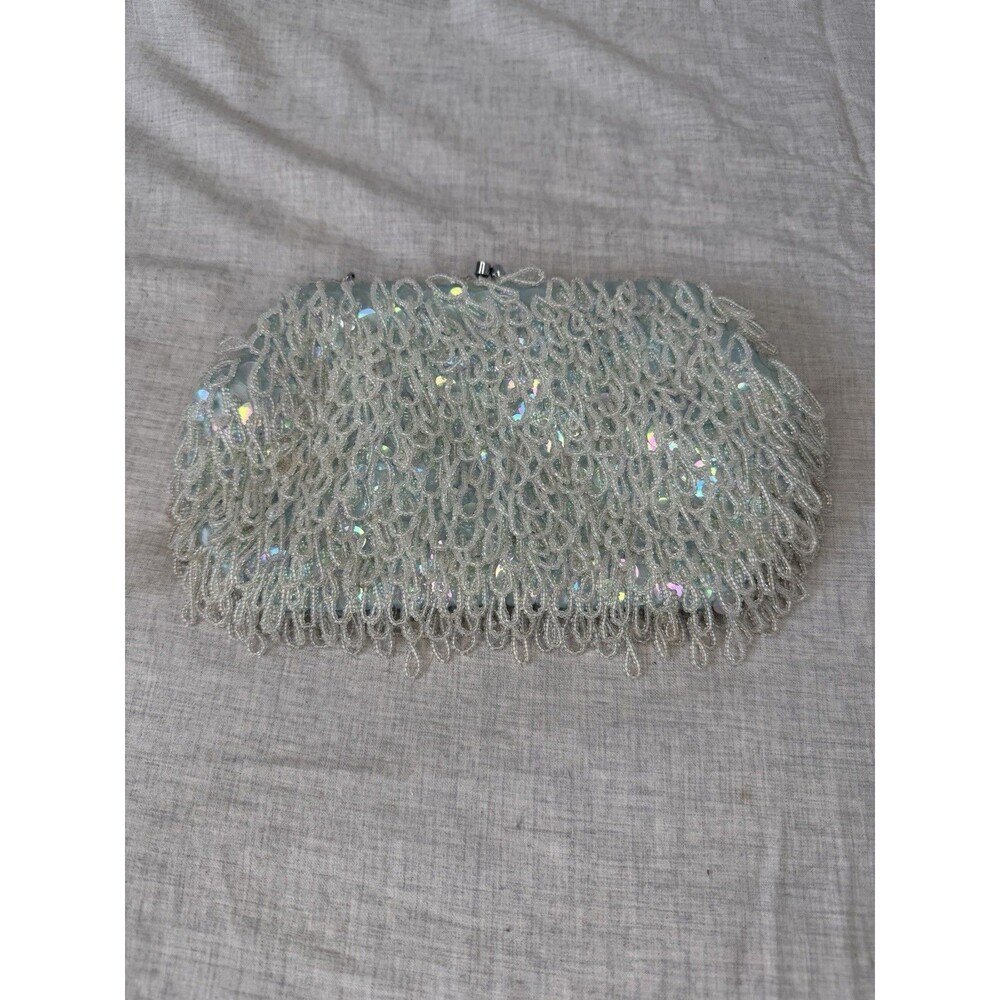Vintage 1950's Art Deco The Broadway Crystal & Sequin Purse Handbag White Beaded